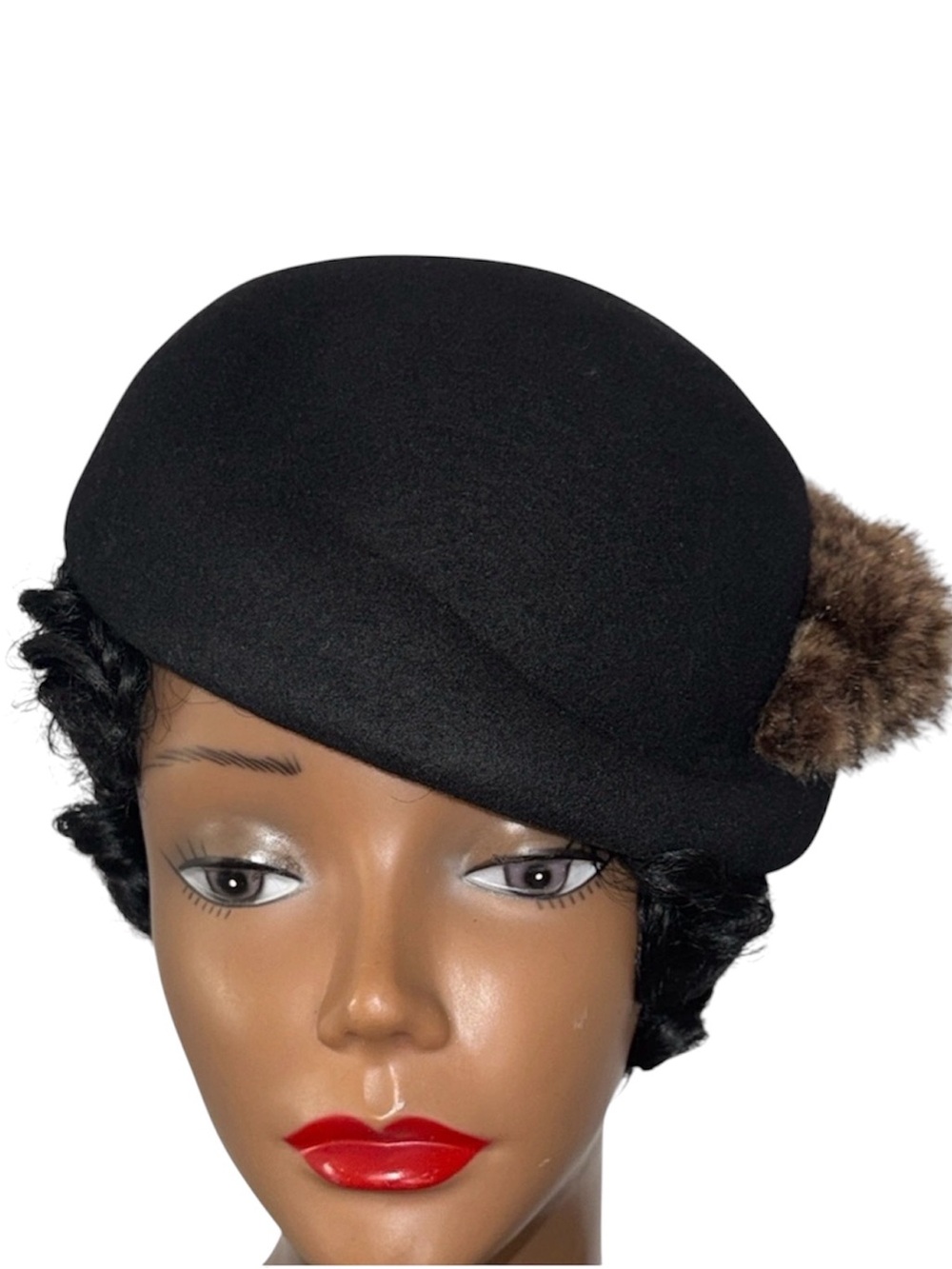 Grace Black Wool Beret with Fur Accent